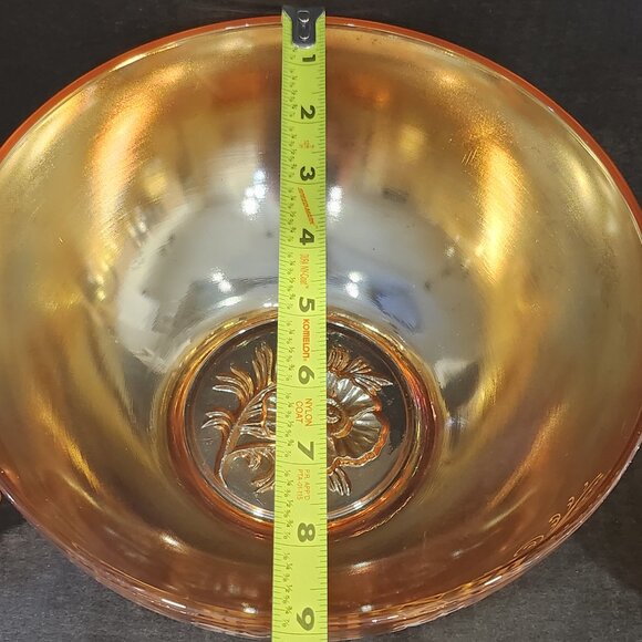Jeanette Glass Peach/Gold Luster "Egg Nog" Punch Bowl With 6 Cups Carnival Glass - Picture 9 of 12
